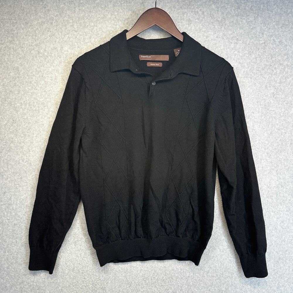 Perry Ellis Sweater Womens Medium Black 100% Merino Wool Short Sleeve Collared